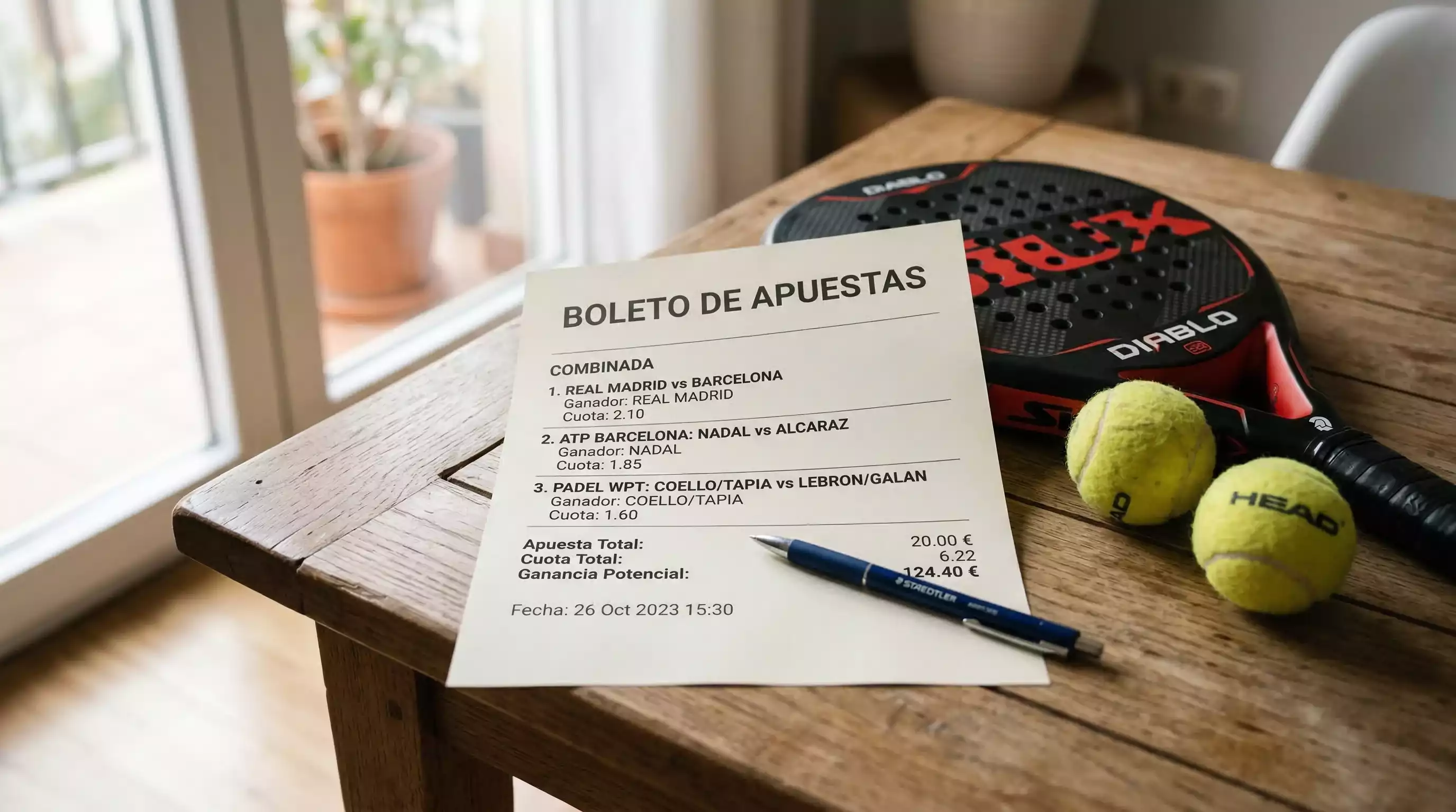 Boleto de apuestas múltiple junto a una pala de pádel sobre una mesa