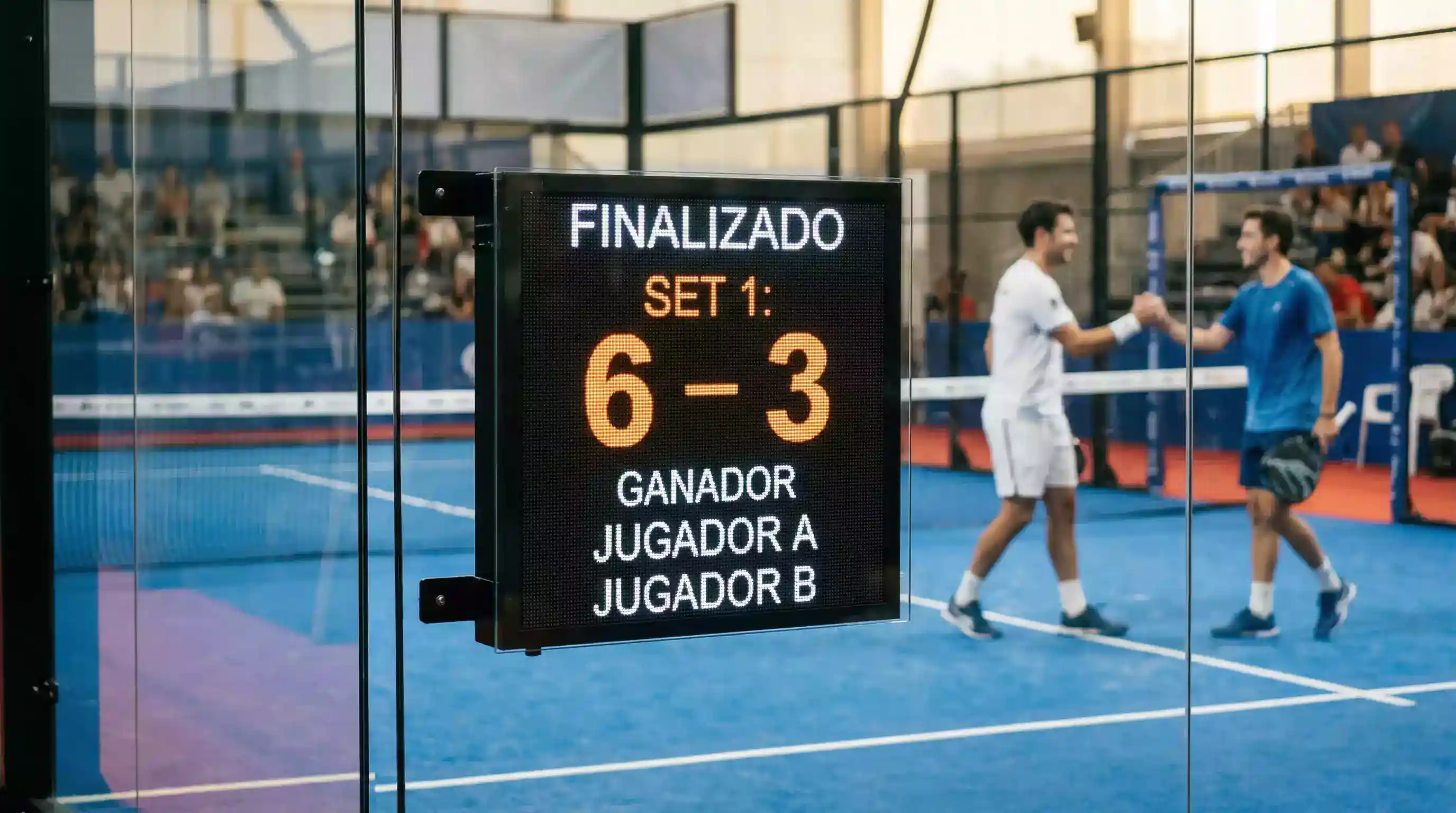 Marcador de pádel con resultado por sets visible en una pista profesional