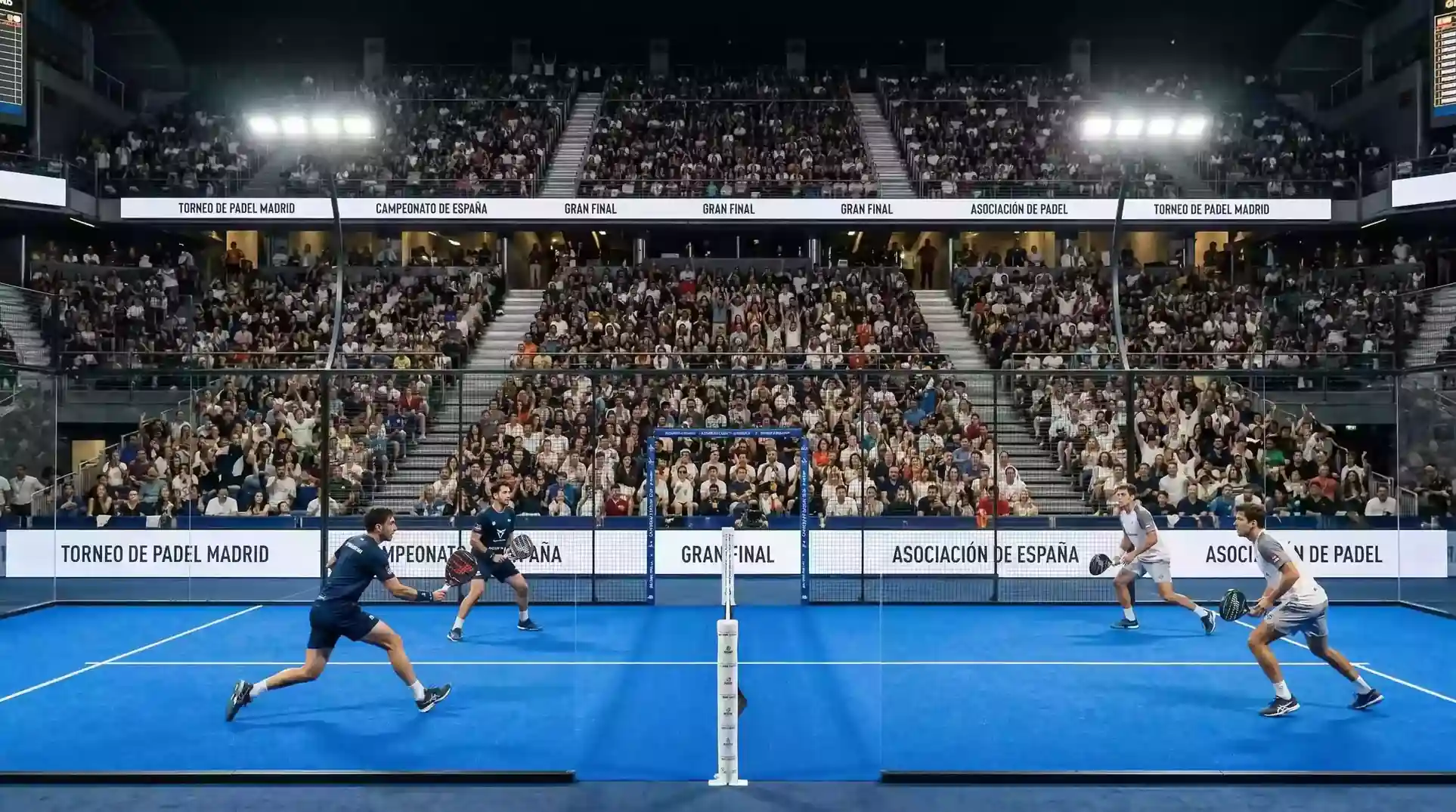 Gradas llenas de espectadores durante un torneo de pádel profesional en un estadio grande