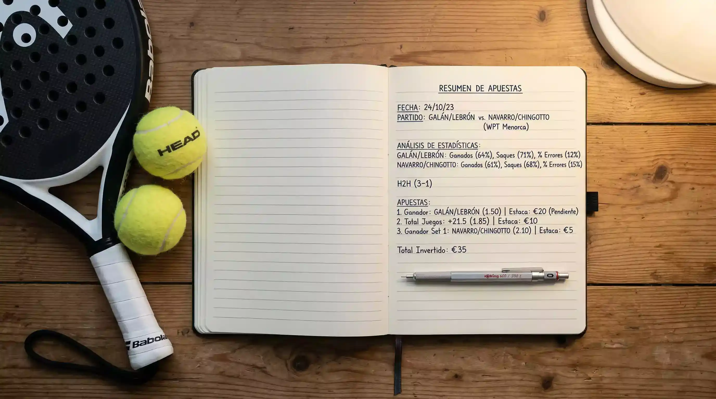 Cuaderno de registro de apuestas abierto junto a una pala de pádel y pelotas en una mesa