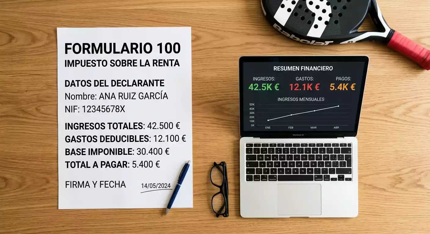 Formulario de declaración de la renta sobre un escritorio junto a una pala de pádel y un portátil