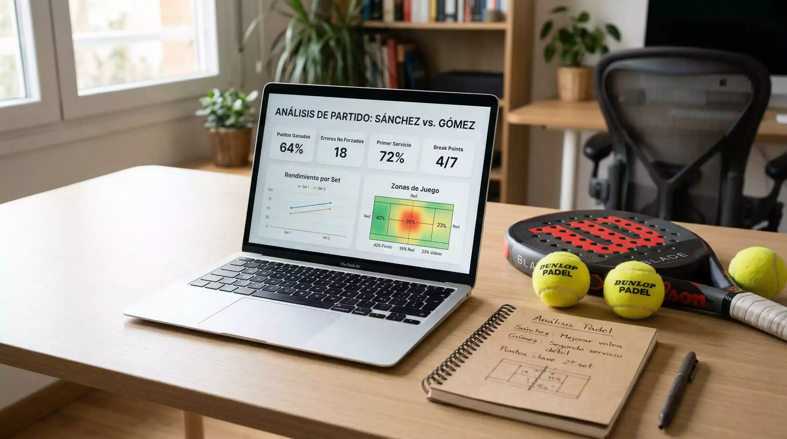 Portátil abierto con estadísticas de pádel junto a una pala y pelotas de pádel sobre una mesa