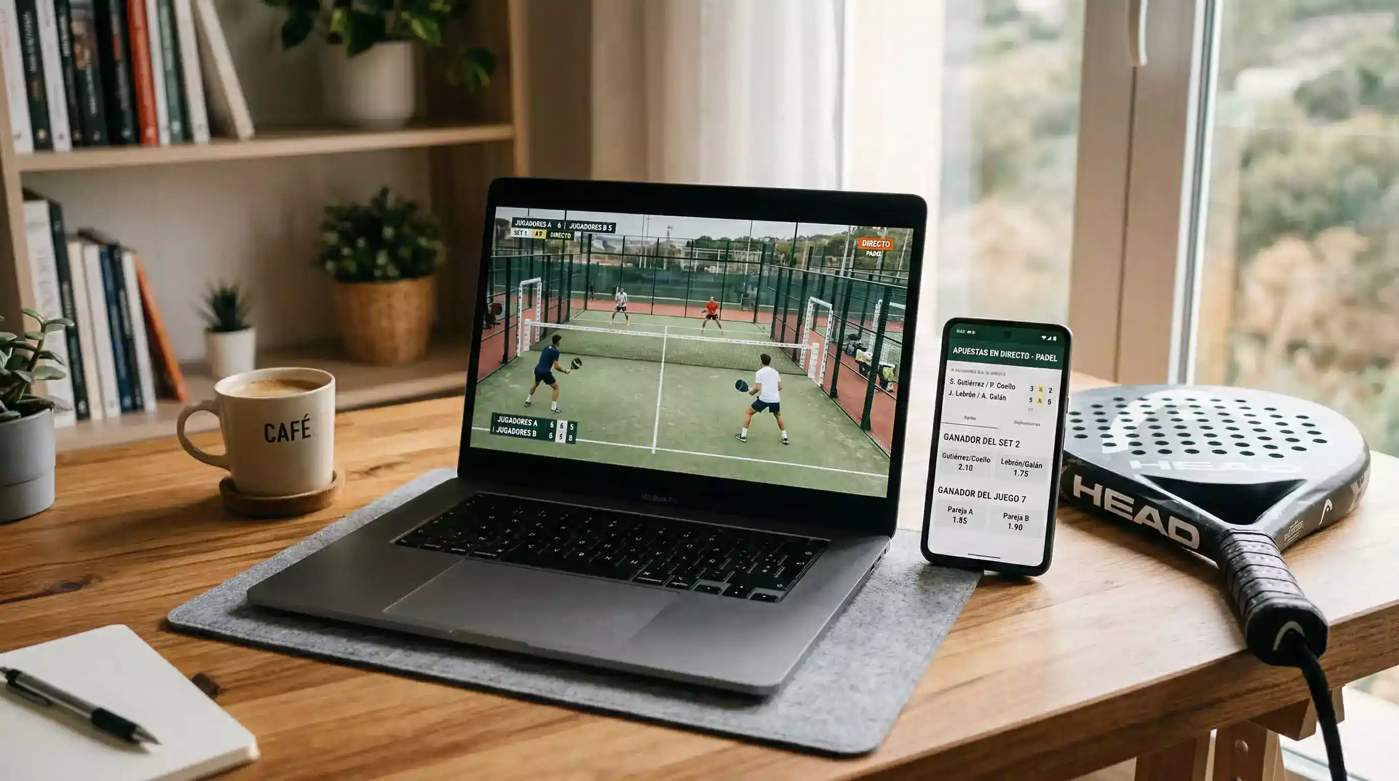 Pantalla de ordenador portátil mostrando un partido de pádel en streaming junto a una pista profesional